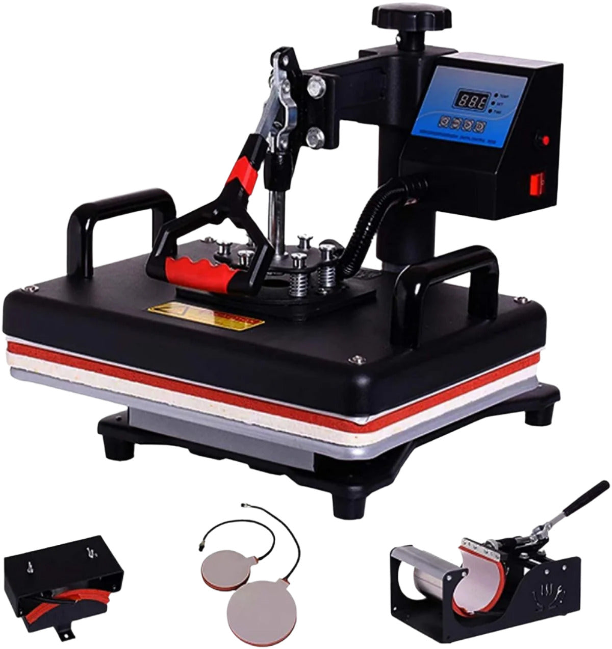 Heat press machine with accessories on a white background